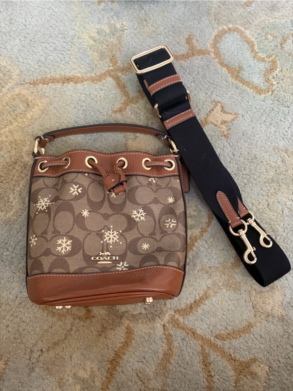 Coach Dempsey Brown Signature Canvas Bucket Crossbody with Black Strap